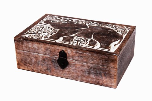 Antique Shabby Chic Elephant Handcarved on Mango Wood Jewelery Keepsake White Distress Finish 