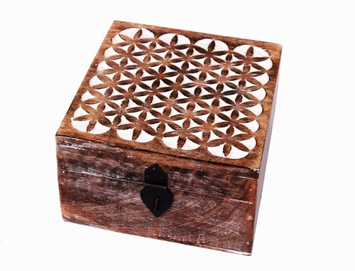 Antique Shabby Chic Handcarved Floral Designs on Mango Wood Jewellery Keepsake White Distress Finish