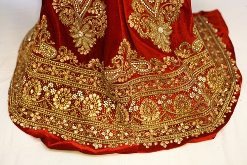 Lehenga - Velvet Fabric, Red Color | Elegant Design, Intricate Gold Thread Embroidery, Comfortable Wear, Customizable Size
