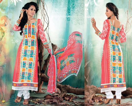 ONLINE PAKISTANI DRESS - Cotton Peach & White Unstitched Suit, Free Size, Custom Stitching Available