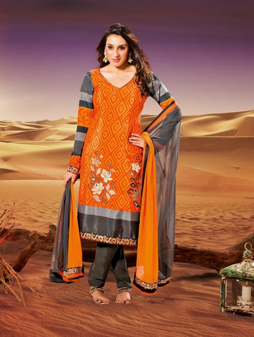 Crepe Suits Online Shopping - Crepe Top & Bottom, Georgette Dupatta, Free Size, Patti Work, Custom Stitching