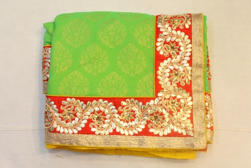 Lehenga - Soft Silk, 55 Inches Length, Light Green with Gold and Red Border | Floral Embroidery, Elegant Design, Comfortable Fit