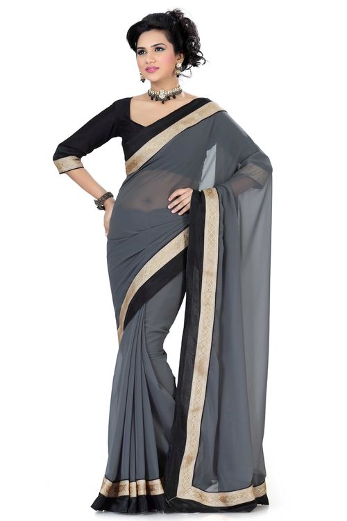 ISHIN Faux Chiffon Gray Saree
