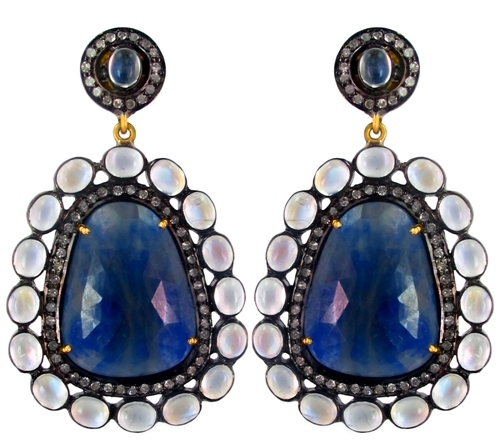 Sapphire Moonstone Diamond Gold Earrings