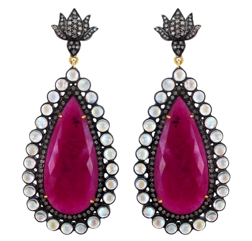Ruby Moonstone Diamond Gold Earrings