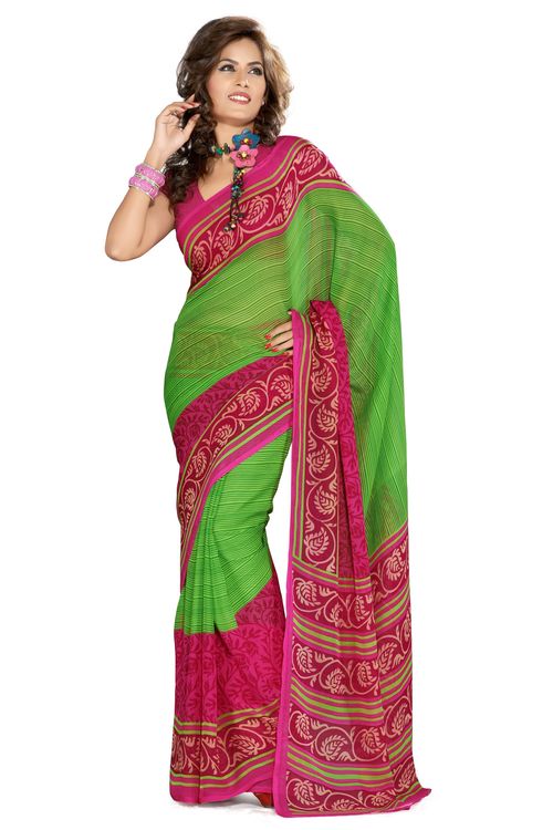 ISHIN Geogette Printed Multicolor Saree ISHI-34 - Geogette, 6.3 Meters, Green | Blouse Piece Included, Elegant Design, Soft Fabric, Stylish
