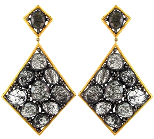 Rutile Quartz Diamond Gold Earrings