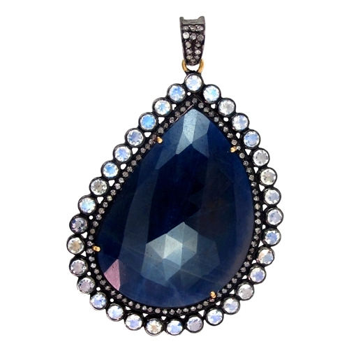 Sapphire Moonstone Diamond Gold Pendant