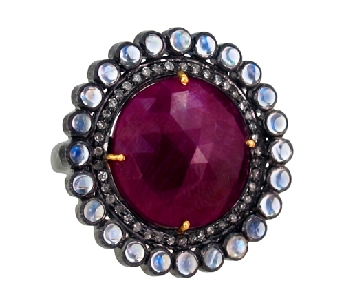 Ruby Moonstone Diamond Gold Ring