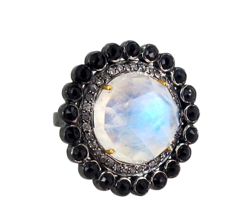 Black Spinel Moonstone Diamond Gold Ring