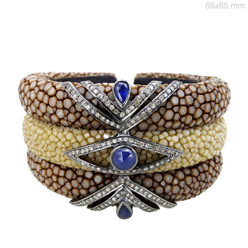 Blue Sapphire Diamond Silver Bangle