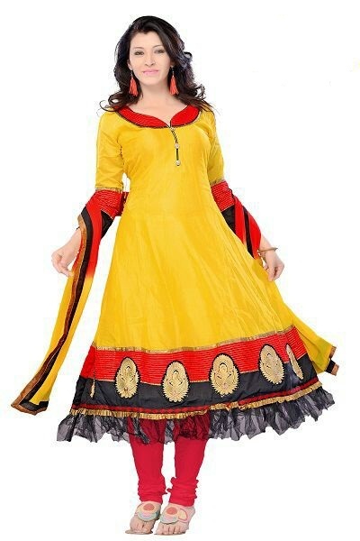 Designer Anarkali Suit - Silk, 54 Inches, Yellow Top Red Bottom | Hand Embroidered, Elegant Design, Comfortable Fit
