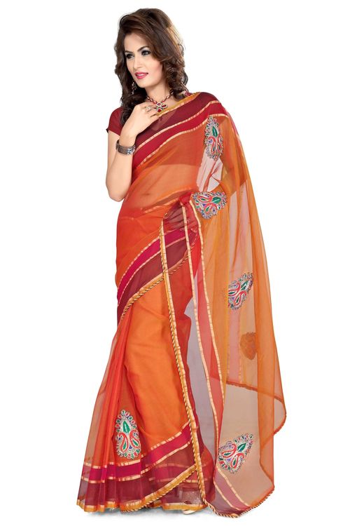 ISHIN Tissue Net Orange color  saree  ISHI31