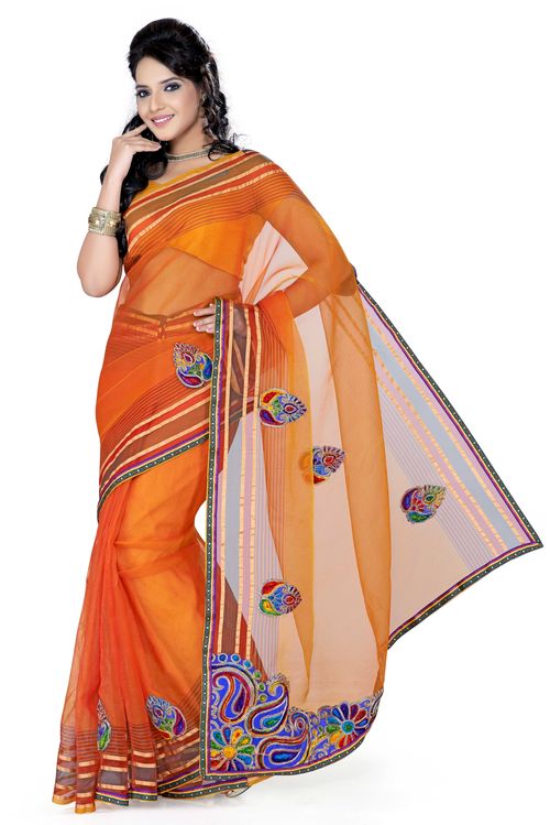 ISHIN Tissue Net Orange color saree ISHI 43