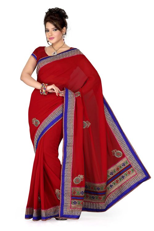 Georgette Red Saree - 6.3 Meters Blouse Piece Included | Embroidered Border Elegant Drape Soft Fabric