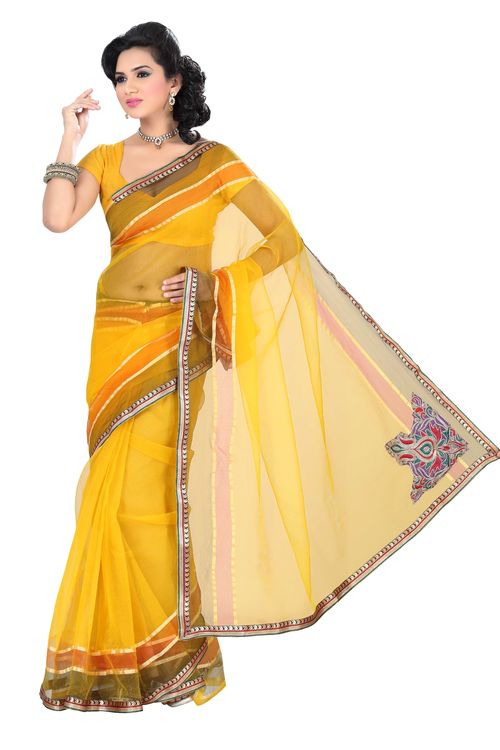 Tissue Net Yellow Saree