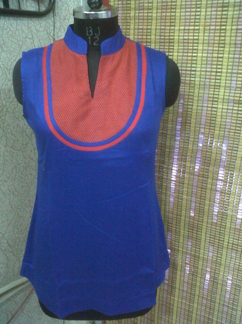Tunics - Cotton Silk, 24 Inches, Blue | Elegant Design, Comfortable Fit, Sleeveless, Mandarin Collar