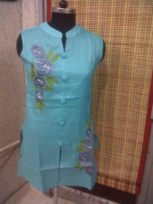 Tunics - Silk, Medium, Light Blue | Floral Hand Embroidery, Mandarin Collar, Sleeveless, 28 Inch Length, Comfortable Fit