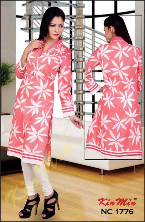 Kurti - Cotton, Knee-Length, Pink | Stylish Design, Comfortable Fit, Soft Fabric, Floral Pattern, Collared Neckline, Three-Quarter Sleeve