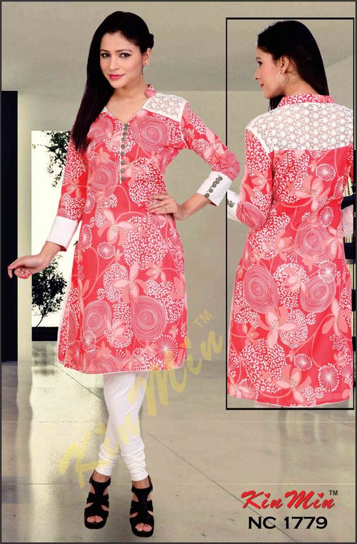 Kurti - Cotton, Knee-Length, Pink | Elegant Design, Comfortable Fit, Floral Pattern, 3/4 Sleeves