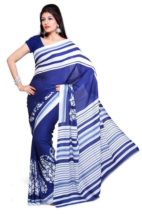 American Crepe Blue Saree