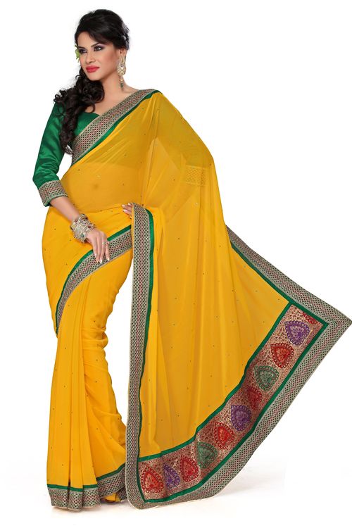 Faux Chiffon Yellow Saree