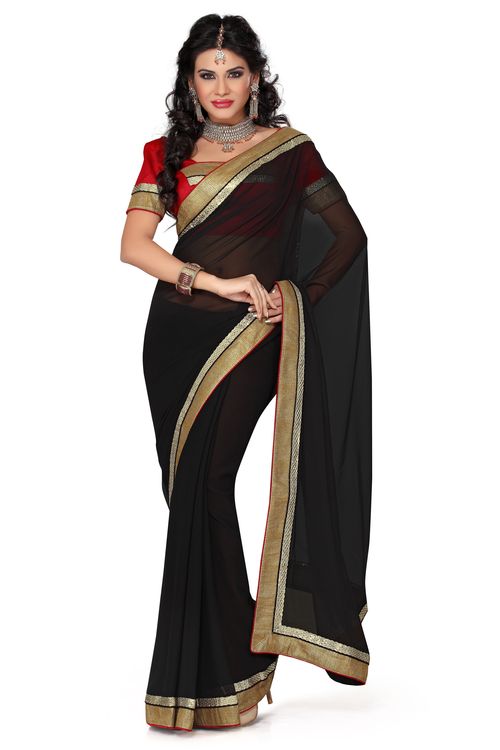 Faux Georgette Black Saree