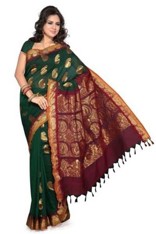 Cotton Mercerised Green Maroon Saree