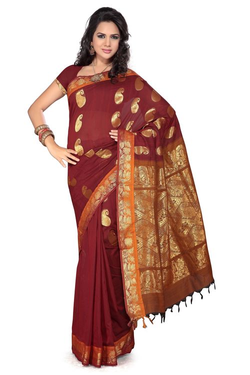 Cotton Mercerised Red Golden Saree