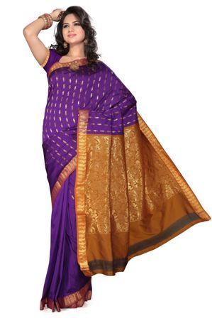 Poly Cotton Violet Golden Saree