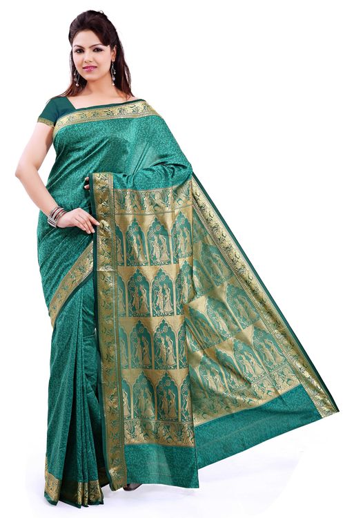 Poly silk Baluchari Green Saree