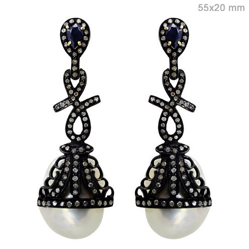 Blue Sapphire Pearl Diamond Gold Earrings - 14k Gold, 55x20 mm, Blue | Elegant Design, Luxury Appeal, Perfect Gift