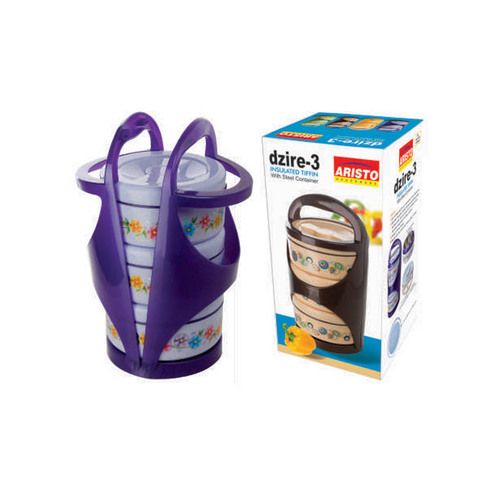 Dzire-III Tiffin - Plastic, 150x100x100 mm, Purple | Stackable, Leakproof, Microwave Safe, 3 Compartments