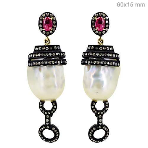 Pearl Ruby Diamond Gold Earrings