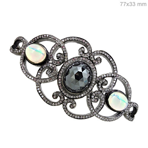 Black Spinel Opal Diamond Silver Silver Bracelet