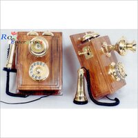 Antique Brass Telephone Wooden Box