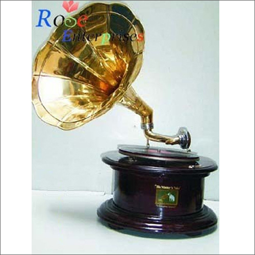 Antique Brass Gramophone with Wooden Base