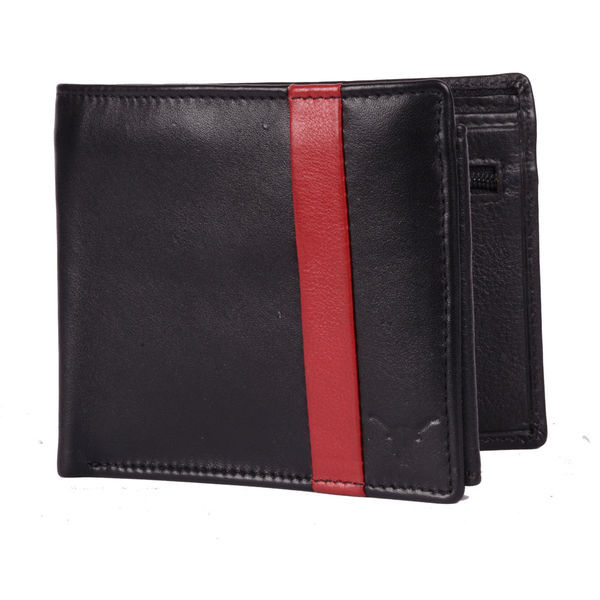 Leather Red Black Wallet - Leather, 24.5x9.5 cms, Black | 8 Credit Card Slots, Multiple Pockets, Durable Design