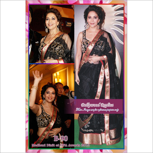 Madhuri Bollywood Replica Saree - Silk Blend, 5.5m x 1.2m, Black | Zari & Stone Embroidery, Soft Fabric, Elegant Design