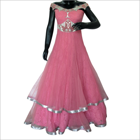 Shoulderless Dress - Net Fabric, Floor-Length, Pink, Double Layered | Elegant Design, Comfortable Fit, Shrink Resistant, Mesmerizing Look