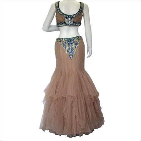 Embroidered Ladies Dress - Net Fabric, Floor-Length, Beige, Hand-Stitched Embroidery | Durable Stitching, Shrink Resistant, Skin-Friendly, Colorfast, Elegant Mermaid Style