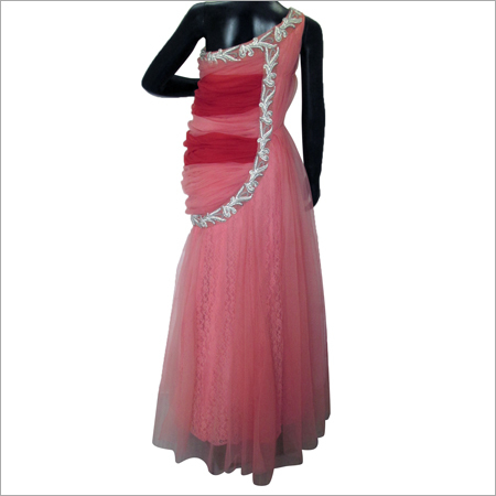 Designer One Shoulder Dress - Net Fabric, Floor Length, Pink | Elegant Design, Lace Embellishment, Colorfast, Shrink Resistant, Perfect Fit