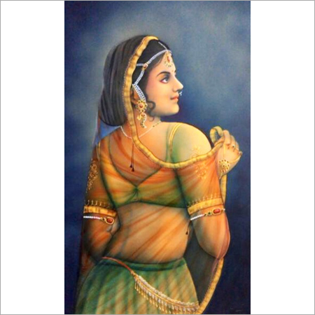 Indian Lady Painting - Canvas Variable Size Orange Green | Elegant Design Vibrant Colors Matte Finish