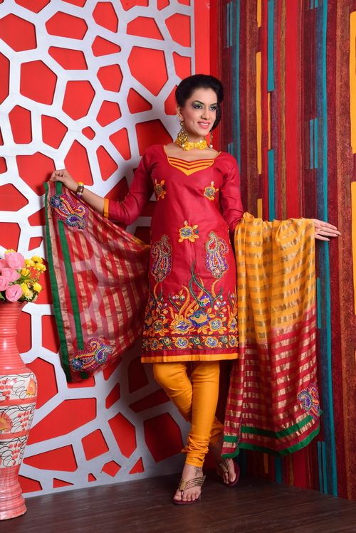 Red And Yellow Designer Cotton Suits