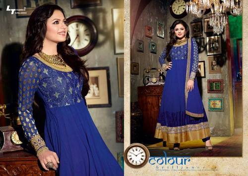 Designer Anarkali Suits - Silk, 54 Inches, Blue | Heavy Embroidery, Elegant Design, Handcrafted, Customizable Size, Long Sleeve
