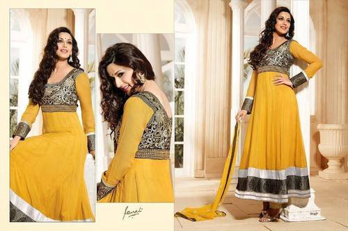 Designer Anarkali Salwar - Georgette, 54 Inches, Yellow | Elegant Design, Embroidery, Full Sleeves, Semi-stitched, Party Wear