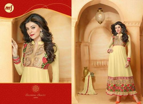 Designer Anarkali Kameez - Soft Silk, 54 Inches, Beige | Elegant Design, Embroidery, 3/4th Sleeve, Semi-stitched, Party Wear