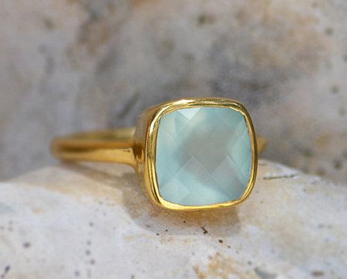 925 sterling Silver Aqua Chalcedony Gemstone Ring- vemeil gold