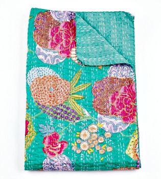 Queen Kantha Quilt in Turquoise Green