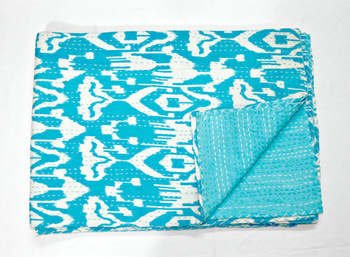 Indian Ikat kantha Quilt in Turquoise